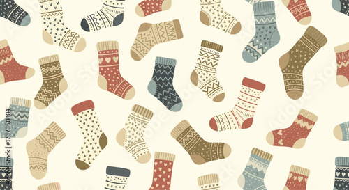A cozy assortment of knitted socks in various patterns and colors.