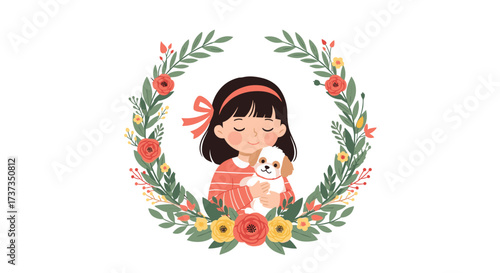 A sweet little girl holding a small fluffy puppy surrounded by a floral wreath.