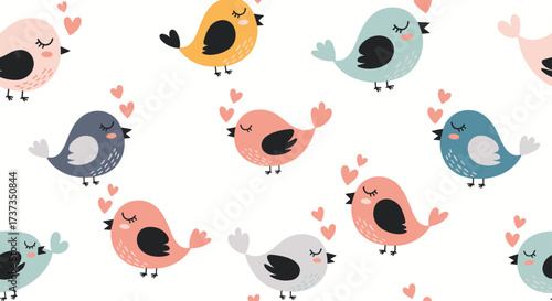 A charming collection of sweet little birds in various colors sharing their love.