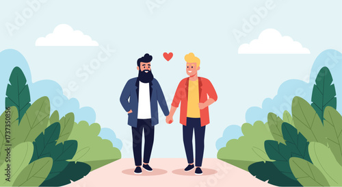 Two men holding hands and walking together in a park during daytime.