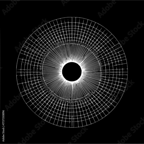 Circular grid pattern with radial lines emanating from a central black hole on black background