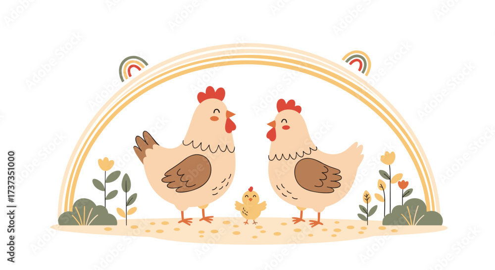 Fototapeta premium A charming illustration of two adult chickens and a chick standing under a pastel rainbow and blooming flowers.