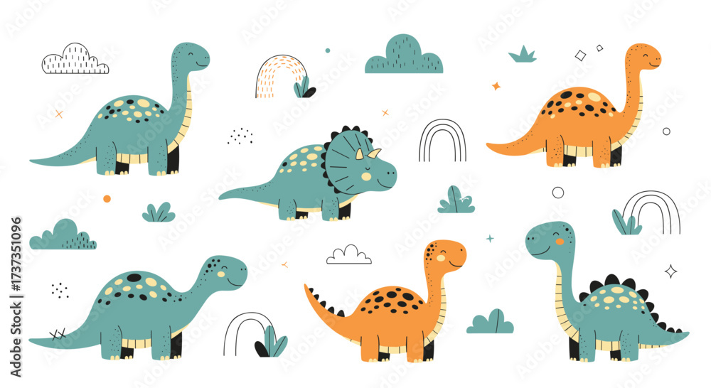Obraz premium Collection of cute cartoon dinosaurs in various colors and shapes set against a white background with playful decorative elements