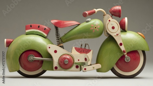 Vibrant Carved Wooden Motorcycle with Watermelon Theme and Unique Design Elements for Decorative Purposes
