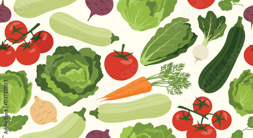 A vibrant assortment of fresh garden vegetables scattered across a textured background. 