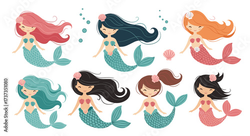 A collection of cute pixel art mermaids with different hair colors and tails swimming in the ocean.