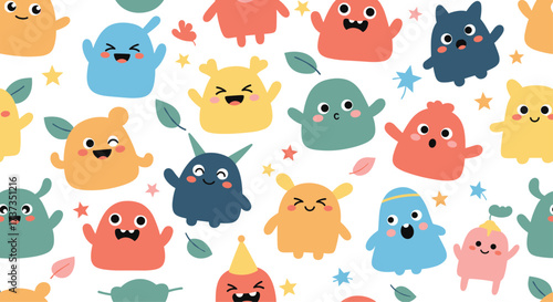 A delightful collection of colorful cute cartoon monsters with playful expressions and festive decorations.