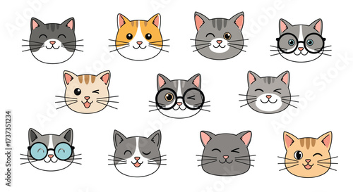 A collection of cute cartoon cat faces with various expressions and accessories.