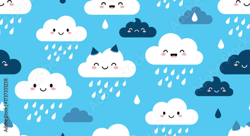 A cute cartoon illustration of fluffy white and dark blue clouds with smiling faces and falling raindrops on a bright blue sky background.