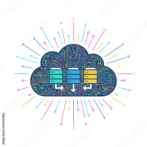 Cloud Computing Service Flat vector art of a digital cloud filled with abstract networks. Ideal for data storage, server technology, and big data infographics.