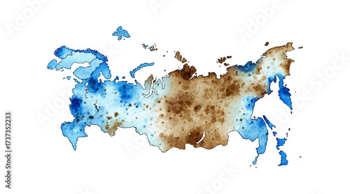 Watercolor Map of Russia in Blue and Brown Tones