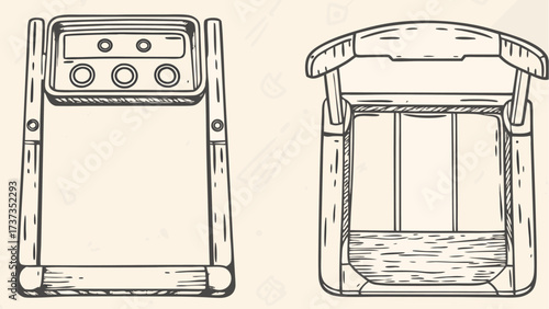 Two views of a vintage wooden chair with a control panel on one side in a sepia toned image