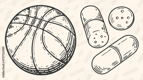 Illustration showing a basketball with lines and capsules with dots on a light background in sketch style
