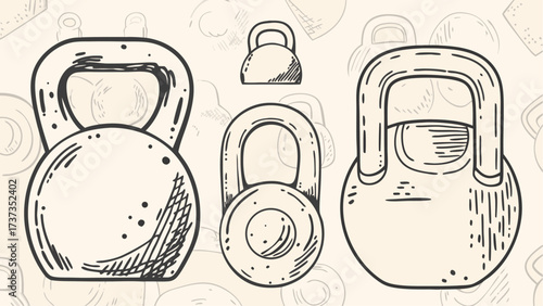 A collection of kettlebells in various sizes and styles with sketch like outlines on a light background design