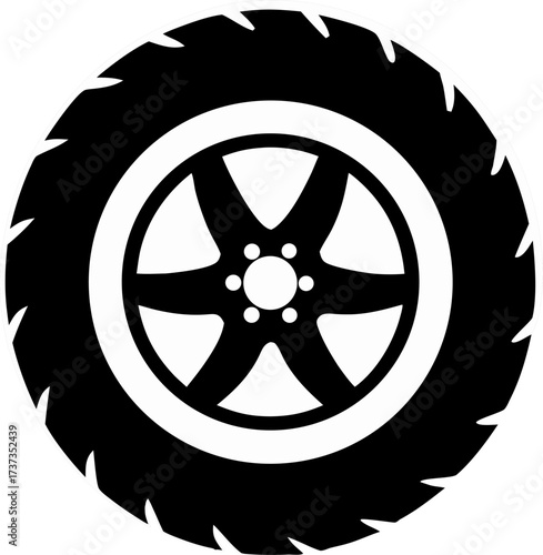 Simple black silhouette of a car tire on a white background