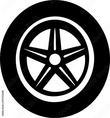 A simple black silhouette of a car tire on a white background