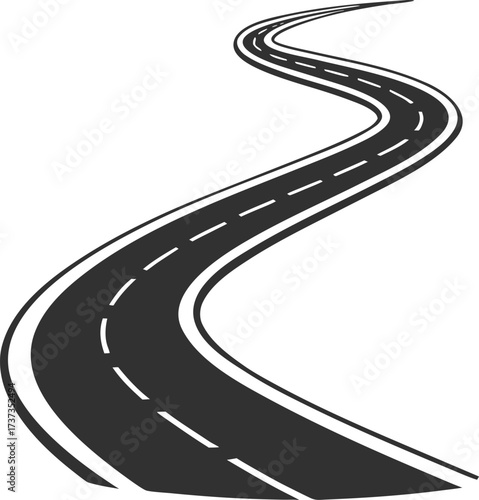 A simple black silhouette of a winding road on a white background