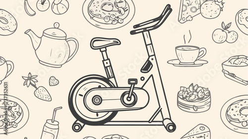 Illustration of an exercise bike surrounded by various food and drink items in a sketched style design