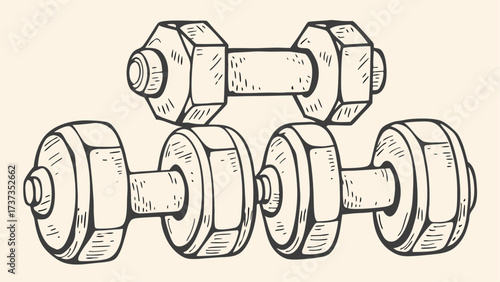 Illustration showing two sets of dumbbells with nuts and bolts on a light background surface area