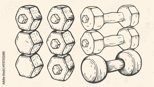Illustration showing stacked hexagonal nuts and dumbbells in a repeating pattern on a light background