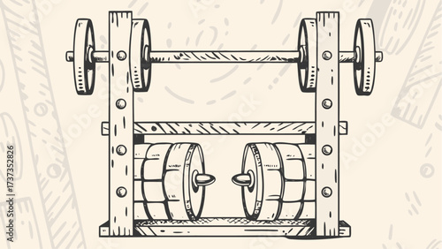 Illustration of a wooden contraption with wheels and barrels in a vintage or steampunk style design