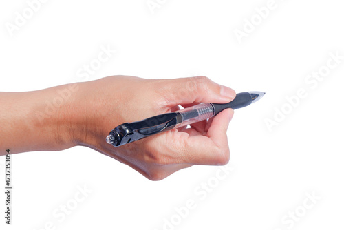 a woman's hand holding a pen isolated on white. png image