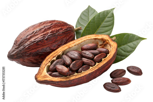 Ripe Cacao Pod Cut Open Revealing Dark Brown Beans and Green Leaves cocoa seed