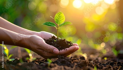Hands Holding Young Sprout in Soil Under Warm Sunlight Symbolizing New Life Growth And Environmental Care