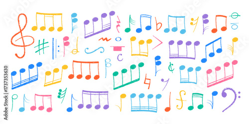 Crayon pastel or chalk music note signs doodle hand drawn symbol shapes set. Chalkboard textured musical symbols treble, bass clefs, pauses doodle collection.