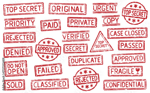Collection Of Various Red Grunge Style Retro Stamps. Vintage Text Rubber Stamp Set. Denied, Fragile, Private, Top Secret, Sold, Rejected, Approved. Isolated Vector Illustration.