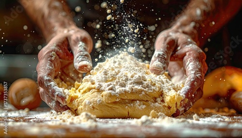 Hands Kneading Dough with Flour Falling Against a Dark Background with Brown Eggs and Fruit in a Kitchen Setting High Angle