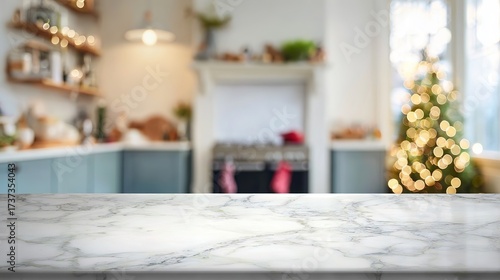 Marble kitchen countertop, with Christmas tree and festive lights in cozy kitchen background, copy space