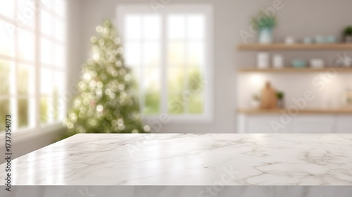 Marble tabletop, with Christmas tree and bokeh lights in bright room background, copy space