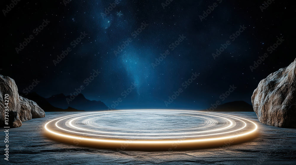 Fototapeta premium Glowing circular platform surrounded by rocky terrain starry sky creates mystical atmosphere