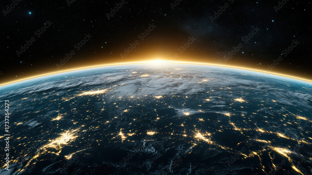 Fototapeta premium Stunning view of Earth from space, showcasing planet curvature and illuminated cities night