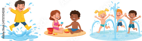 Happy children playing in different weather conditions, including rain, sand, and fountain water, showing joy and fun during summer activities.