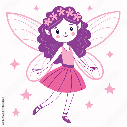 Vector art of cute purple haired fairy with pink dress and wings, surrounded by stars