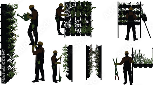 Vertical gardening silhouettes, urban farmers working, sustainable city farming, watering plants,