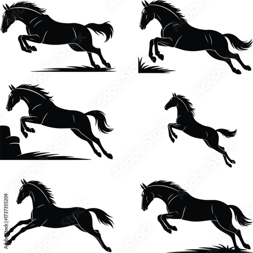 Horse jumping silhouette vector, equestrian animal motion, black horse leap pose, dynamic cad drawing flat vector illustration, sports icon