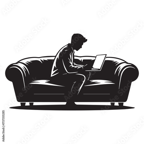 Silhouette of Person Working on Laptop Seated on a Couch