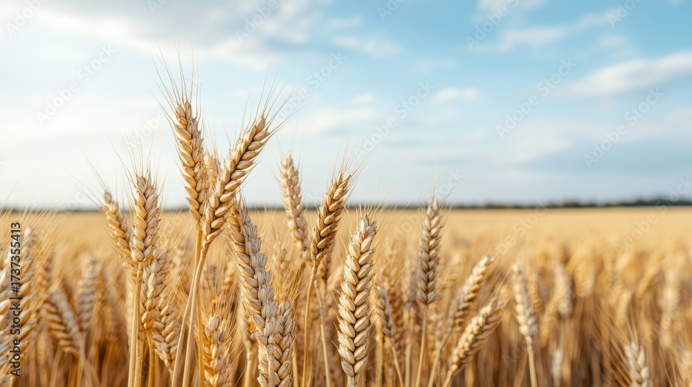 Fototapeta premium Golden wheat fields sway gently under blue sky, creating serene countryside scene