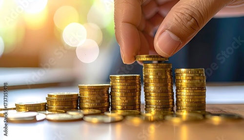 Hand Stacking Golden Coins on Desk with Blurred Background and Bokeh Lights