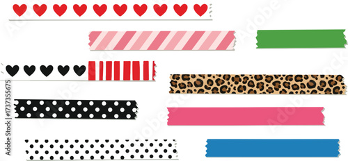 Illustration of collection of colorful washi tapes with different patterns isolated on white background