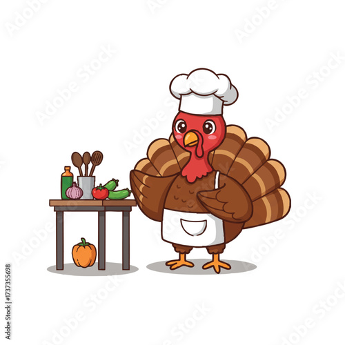 Cute turkey chef, in a white hat and apron, stands by a kitchen counter with vegetables and cooking utensils; vibrant 2D flat vector illustration on a white background.
