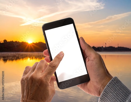 Hands Holding Black Smartphone with Blank White Screen at Sunset Over Lake Water in Blurred Background for Stock Photography