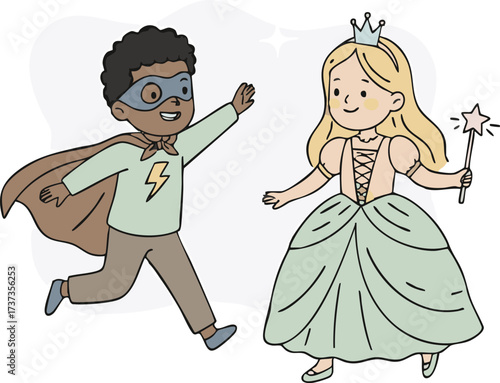 Children dressed as superhero and princess joyfully play together in a whimsical fairytale setting, radiating happiness and imagination.