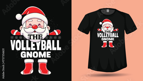 The Volleyball Gnome T-shirt Design with Cute Santa Character and Christmas Snowflakes