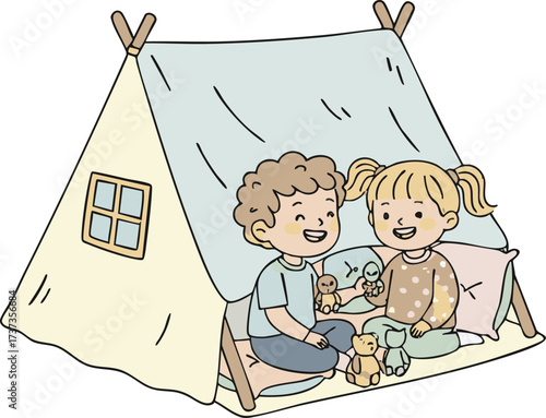 Happy children playing with toys inside a cozy tent in their playroom, enjoying a fun and imaginative playtime together.