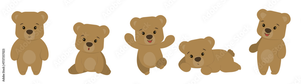 Fototapeta premium Five adorable bears in different poses and expressions. This vector illustration showcases the bears sitting, standing, lying down, and waving, perfect for kids media or decoration.