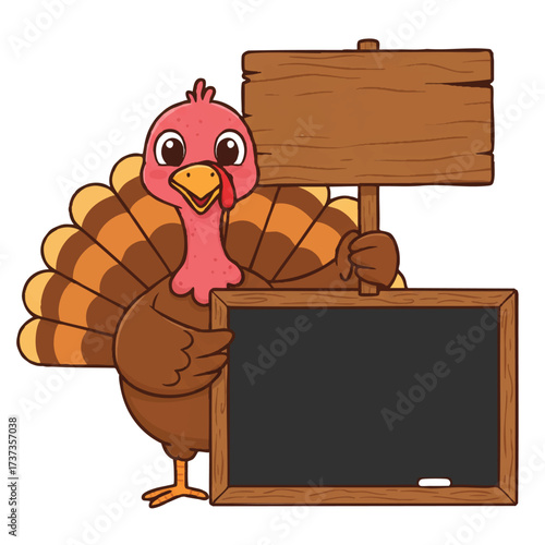A cute, vibrant turkey is happily holding a blank wooden sign, perfect for a custom message in this charming flat 2D vector illustration with clean outlines and a pure white background.